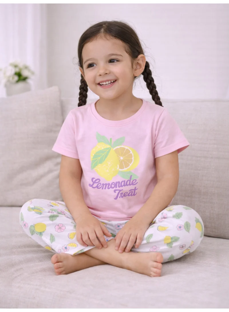 فكتور اند جين Girls Lemonade Print Cotton Pajama Set – T-Shirt & Full Pants Nightwear